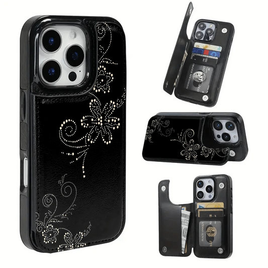 Dot-Matrix Floral Pattern Textured Leather Card Holder Phone Case-Compatible With The 17 Pro Max/Air/16/15/14/13/12/11 Series, As Well As The S22/S23/S24/25 Series. An Ideal Gift Choice For Christma