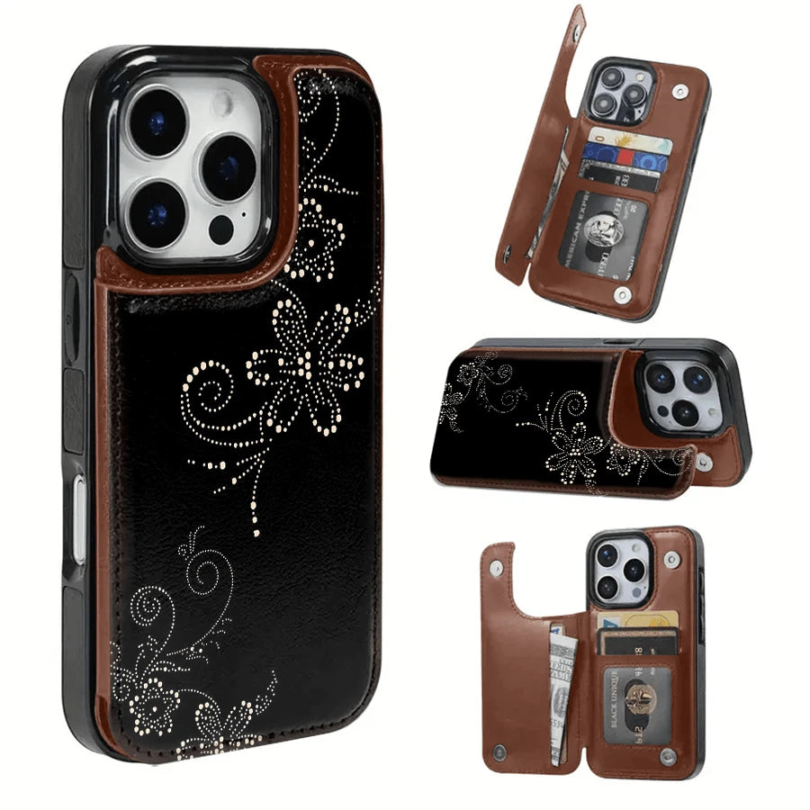 Dot-Matrix Floral Pattern Textured Leather Card Holder Phone Case-Compatible With The 17 Pro Max/Air/16/15/14/13/12/11 Series, As Well As The S22/S23/S24/25 Series. An Ideal Gift Choice For Christma