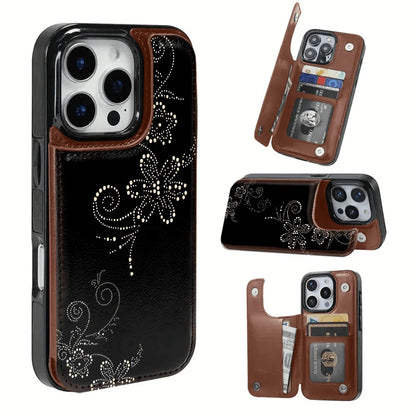 Dot-Matrix Floral Pattern Textured Leather Card Holder Phone Case-Compatible With The 17 Pro Max/Air/16/15/14/13/12/11 Series, As Well As The S22/S23/S24/25 Series. An Ideal Gift Choice For Christma
