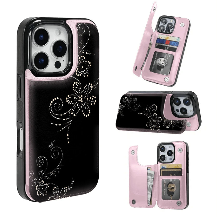 Dot-Matrix Floral Pattern Textured Leather Card Holder Phone Case-Compatible With The 17 Pro Max/Air/16/15/14/13/12/11 Series, As Well As The S22/S23/S24/25 Series. An Ideal Gift Choice For Christma