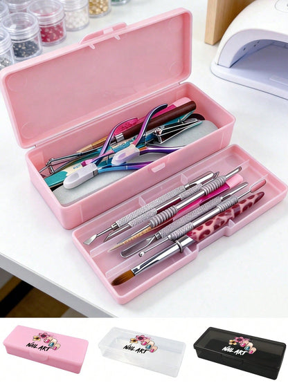 Double Layer Nail Art Tool Storage Box With Nail Art Designs, Nail File Holder, Nail Pen Organizer, Gel Nail Brush Sponge Container, Portable Rectangular Plastic Transparent Nail Supplies Storage Case