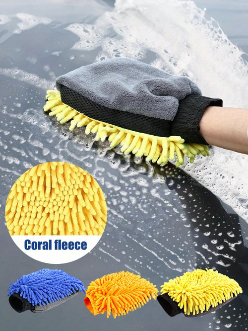 Double-Sided Car Washing Gloves, Waterproof Lining, Made Of Microfiber And Faux Wool, Won't Scratch, Helps Produce Foam, Ideal For Car Detailing, Washing And Drying, A Useful Car Cleaning Tool