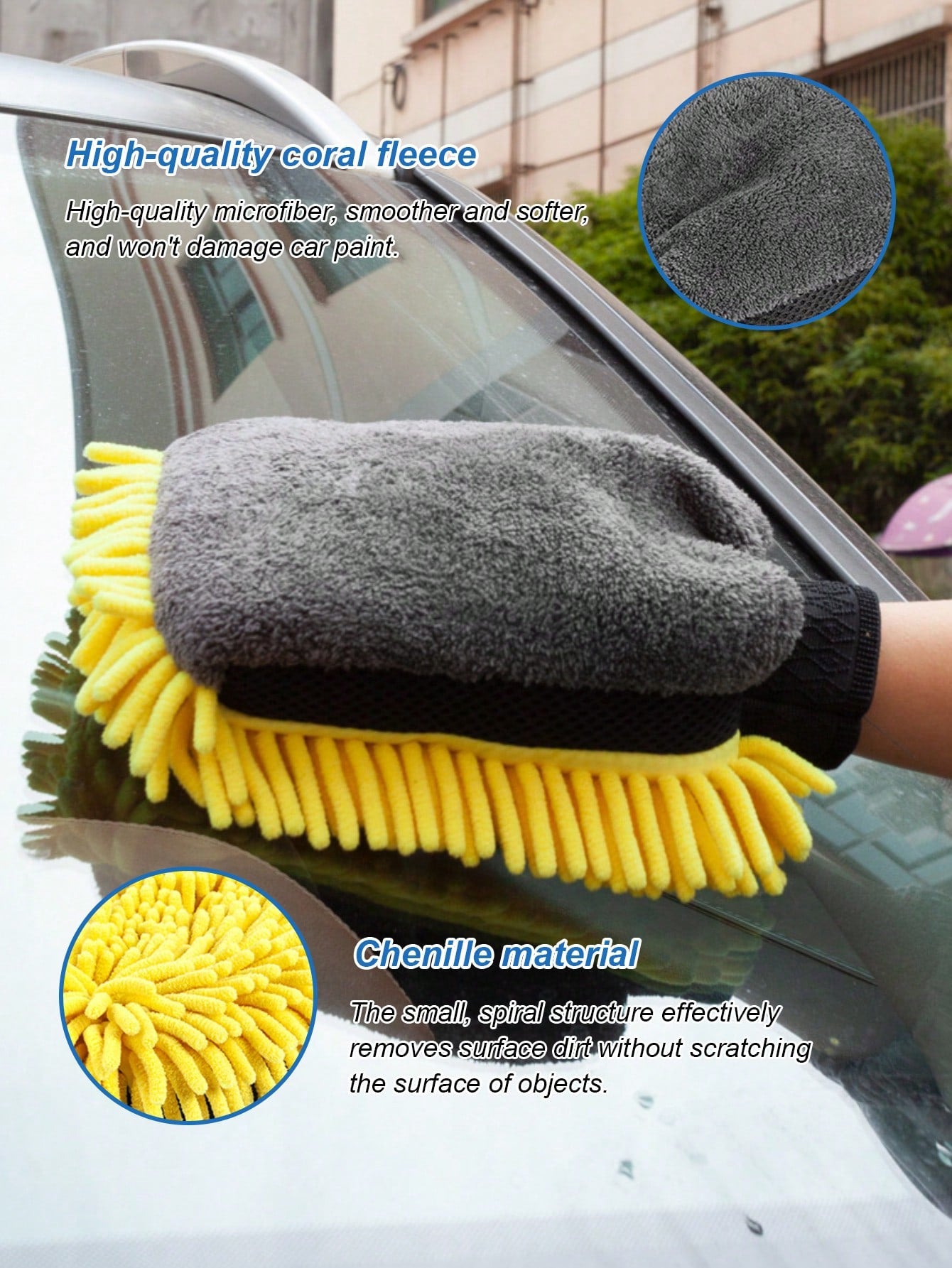 Double-Sided Car Washing Gloves, Waterproof Lining, Made Of Microfiber And Faux Wool, Won't Scratch, Helps Produce Foam, Ideal For Car Detailing, Washing And Drying, A Useful Car Cleaning Tool