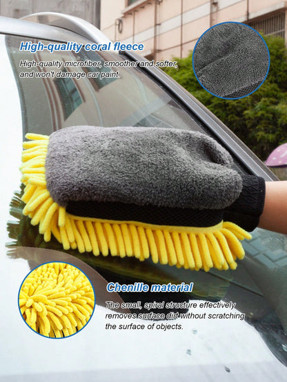 Double-Sided Car Washing Gloves, Waterproof Lining, Made Of Microfiber And Faux Wool, Won't Scratch, Helps Produce Foam, Ideal For Car Detailing, Washing And Drying, A Useful Car Cleaning Tool
