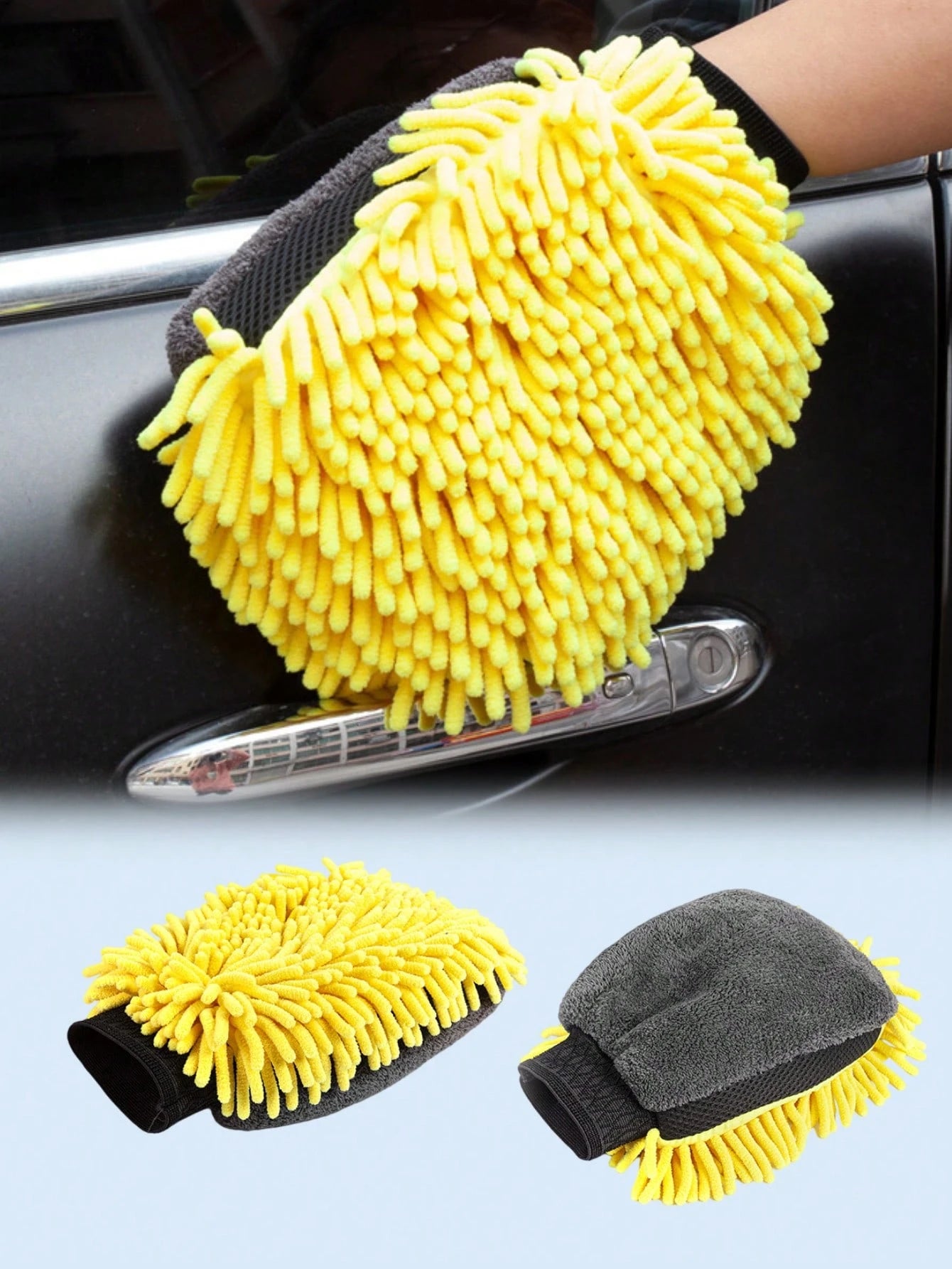 Double-Sided Car Washing Gloves, Waterproof Lining, Made Of Microfiber And Faux Wool, Won't Scratch, Helps Produce Foam, Ideal For Car Detailing, Washing And Drying, A Useful Car Cleaning Tool