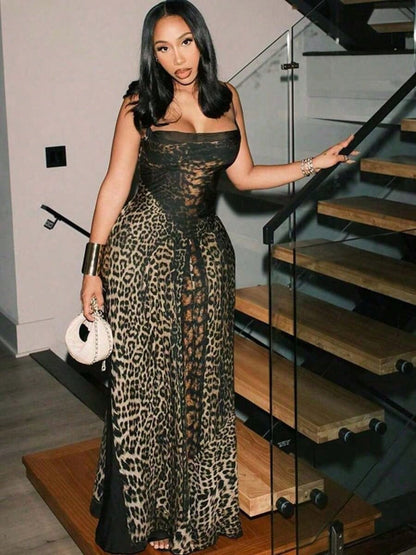 Dresses For WomenLeopard Print Strapless Maxi Dress High-Waist Slim Fit Lace Panel Gown For Valentine's Date NightLoose And Comfortablevestidos De Mu