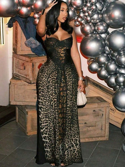 Dresses For WomenLeopard Print Strapless Maxi Dress High-Waist Slim Fit Lace Panel Gown For Valentine's Date NightLoose And Comfortablevestidos De Mu