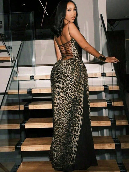 Dresses For WomenLeopard Print Strapless Maxi Dress High-Waist Slim Fit Lace Panel Gown For Valentine's Date NightLoose And Comfortablevestidos De Mu