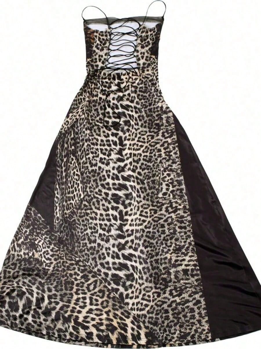 Dresses For WomenLeopard Print Strapless Maxi Dress High-Waist Slim Fit Lace Panel Gown For Valentine's Date NightLoose And Comfortablevestidos De Mu