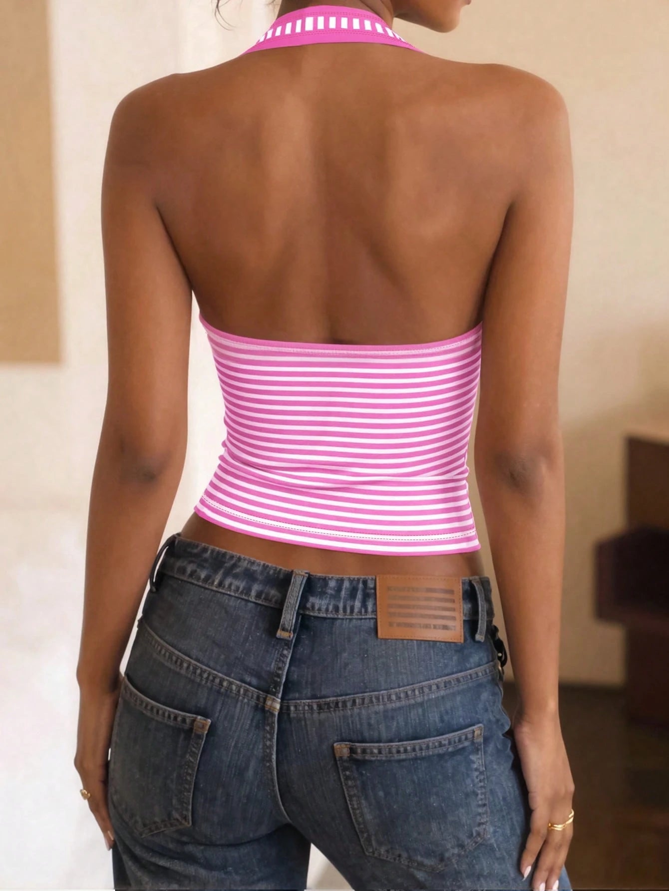 DrmWander Women's Pink And White Striped Halter Neck Tank Top,Summer Casual Holiday Tanktops With Built In Bras Push Up Body Tops For Ladies Tops