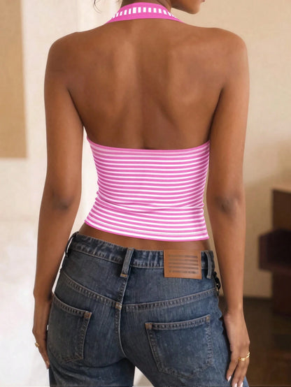 DrmWander Women's Pink And White Striped Halter Neck Tank Top,Summer Casual Holiday Tanktops With Built In Bras Push Up Body Tops For Ladies Tops