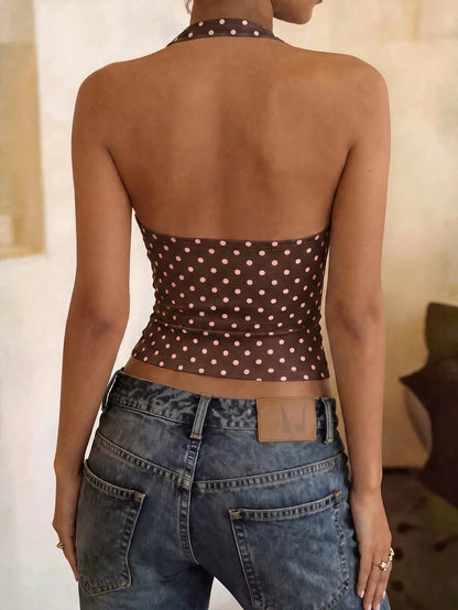DrmWander Women's Polka Dot Print Casual Halter Neck Camisole