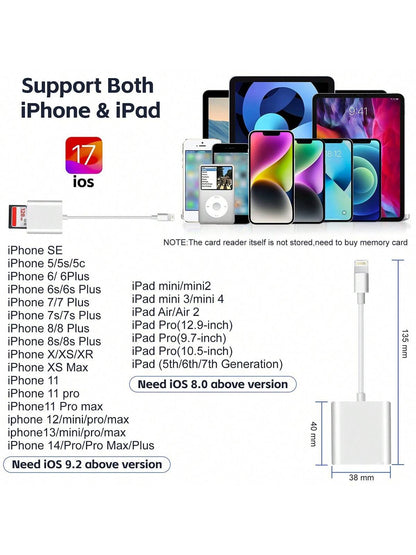 Dual Slot SD/TF Card Reader Adapter, Camera Viewer SD Card Adapter, Universal Portable Plug And Play Type-C/Lightning Port Compatible With IPhone 17/16/15/14/13/12/11/XS/8/7/6/IPad, And Other Smartpho
