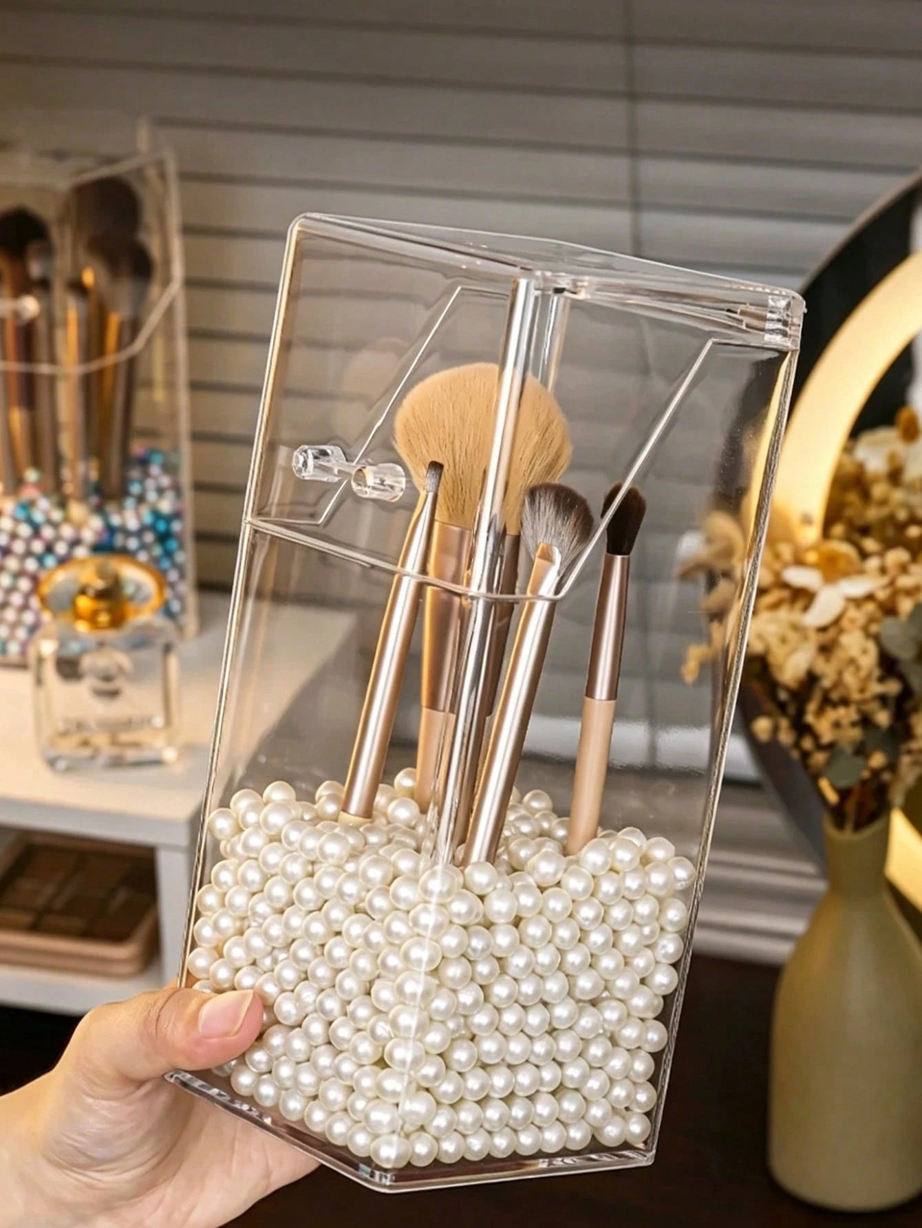 Dust-Proof Makeup Brush Holder With Lid, Transparent Acrylic Makeup Brush Storage Box, Multifunctional Storage Pen Holder, Vanity Storage Box, Women's Gift, Holiday Gift