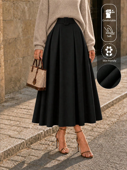 EARO Women's High Waist Slimming Gray Versatile Casual Commuter Skirt, Loose Design With Adjustable Waistband, A-Line Skirt Black Spring