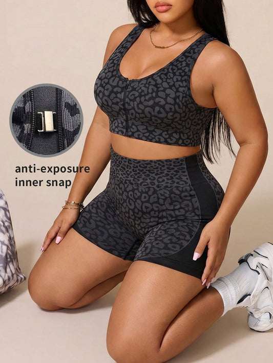 Easithlete 2pcs Women Plus Size Seamless Leopard Print Front Zip Sports Bra Shorts Set For Running Fitness Training Pilates Yoga Medium Impact Gym Gray Summer