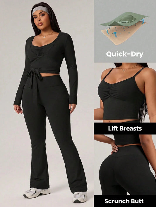 Easithlete Plus Size Women's 3-Piece Black Winter Athletic Gym Set,Adjustable Strap Criss-Cross Camisole Tank,Long Sleeve Tight Tee&Flared Yoga Workout Pants