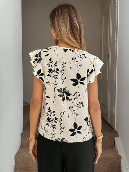 Easowa Boho Elegant Women Clothing Summer Floral Shadow Print Ruffle Hem Round Neck Blouse For Women Brunch Black And White