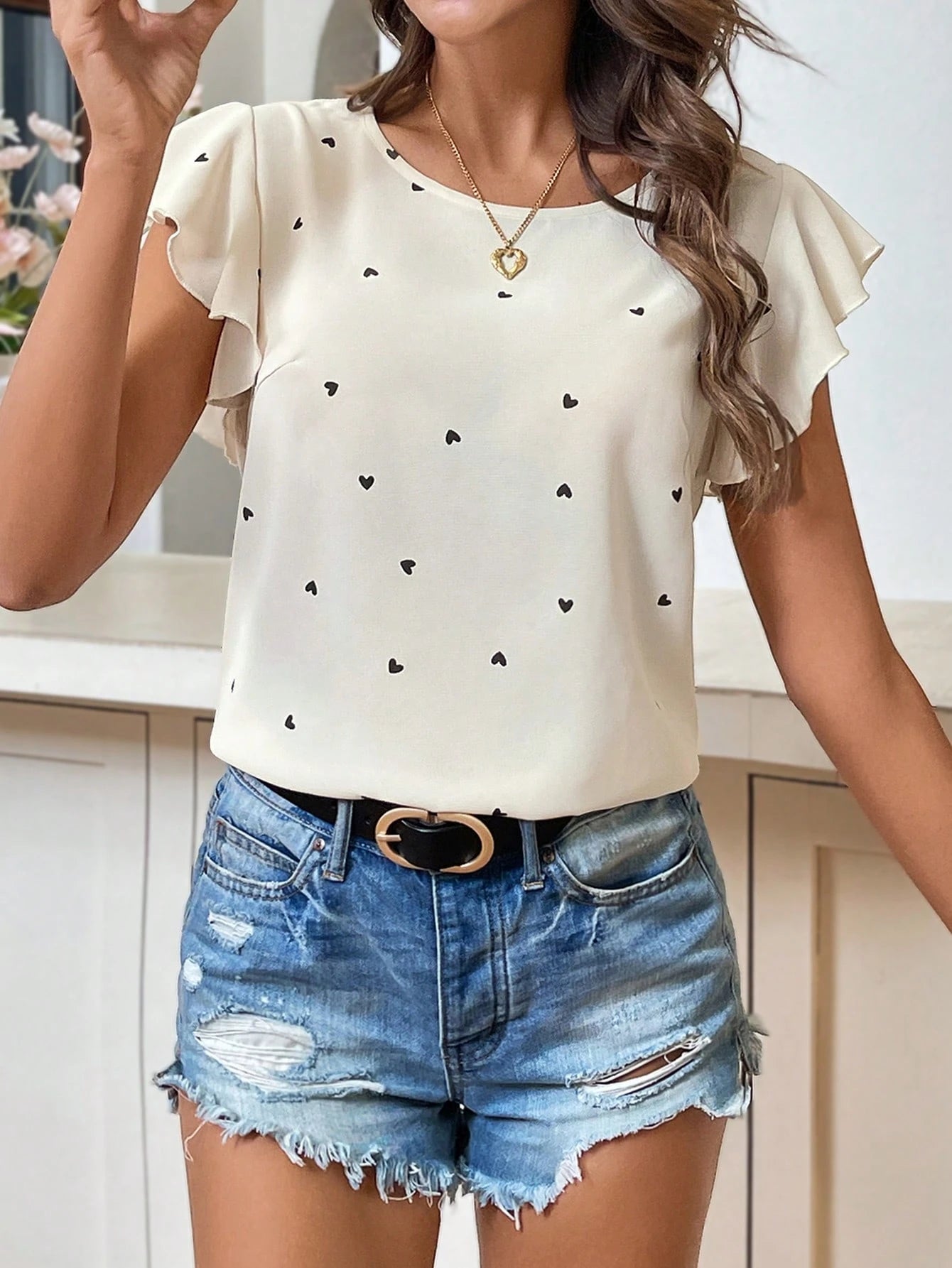 Easowa Boho Elegant Women Clothing Summer Floral Shadow Print Ruffle Hem Round Neck Blouse For Women Brunch Black And White
