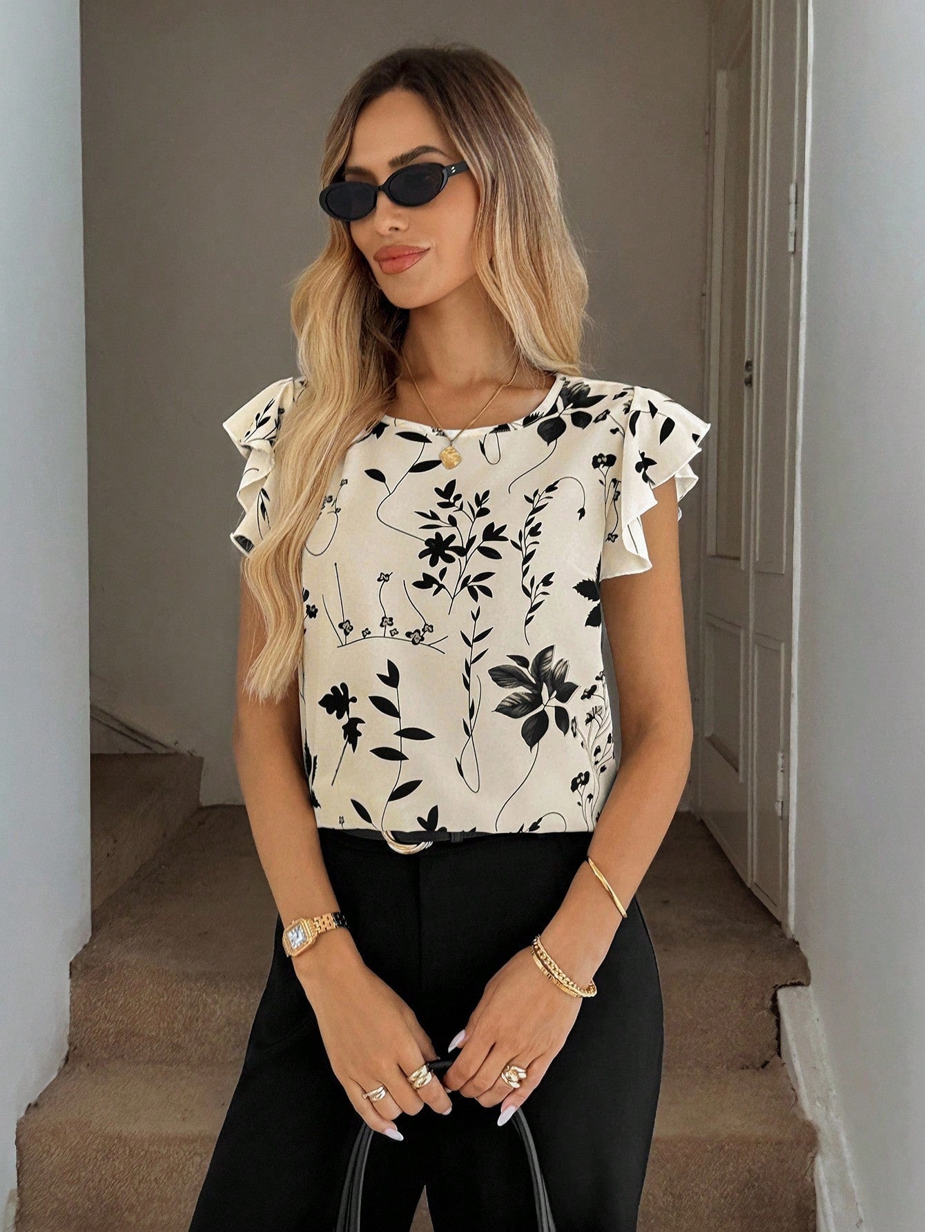 Easowa Boho Elegant Women Clothing Summer Floral Shadow Print Ruffle Hem Round Neck Blouse For Women Brunch Black And White