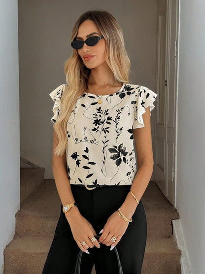 Easowa Boho Elegant Women Clothing Summer Floral Shadow Print Ruffle Hem Round Neck Blouse For Women Brunch Black And White