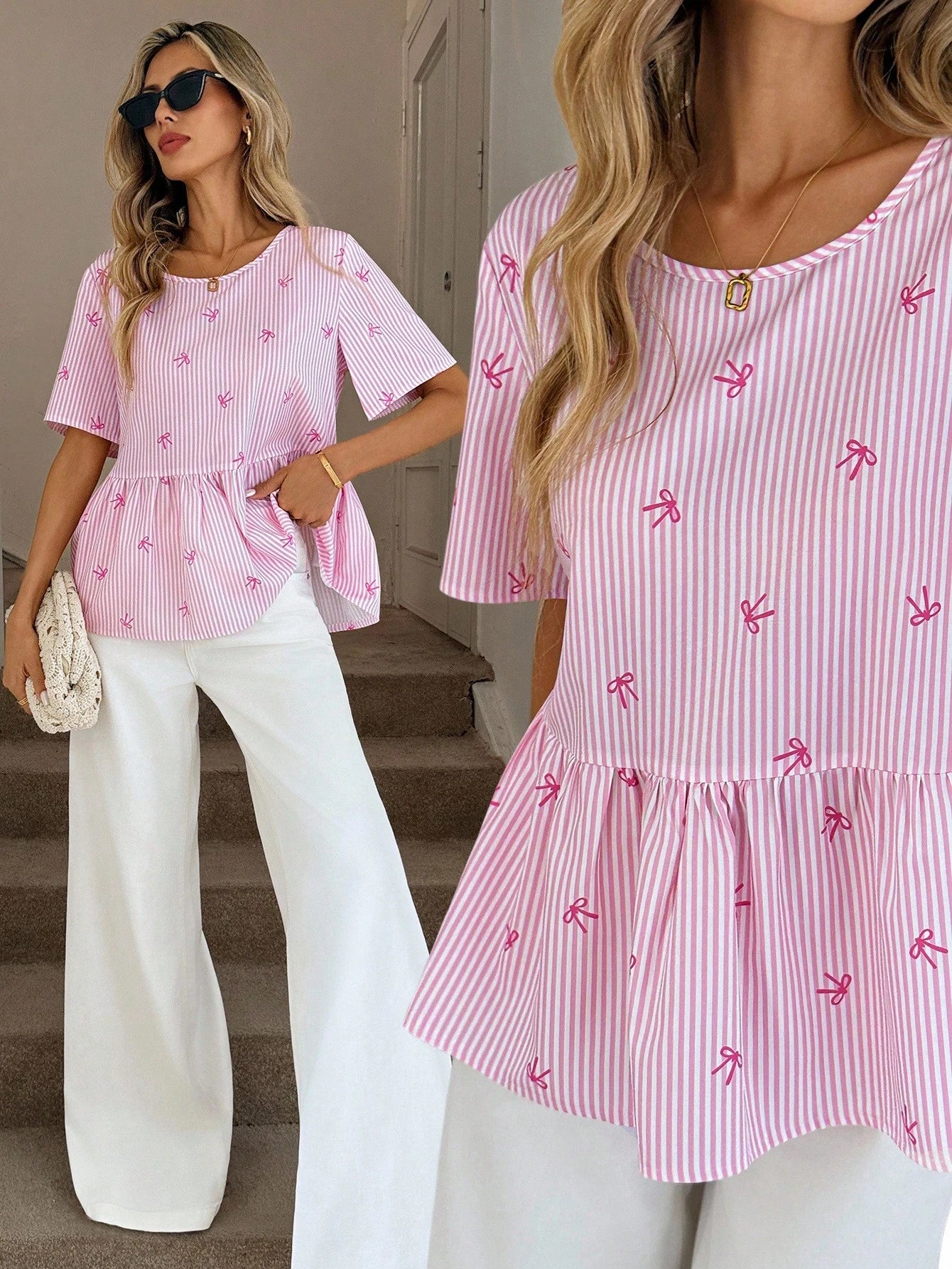 Easowa Regular Length Pink And White Striped Peplum Top With Ruffle Details And Round Neck For Summer Looks Women Cute Short Sleeve Tops Daily Wear Birthday