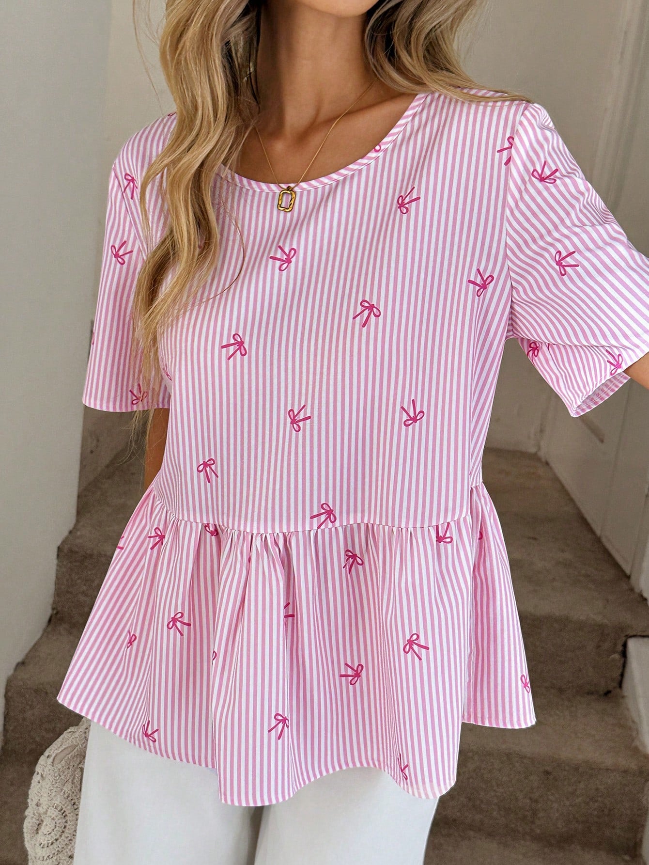 Easowa Regular Length Pink And White Striped Peplum Top With Ruffle Details And Round Neck For Summer Looks Women Cute Short Sleeve Tops Daily Wear Birthday