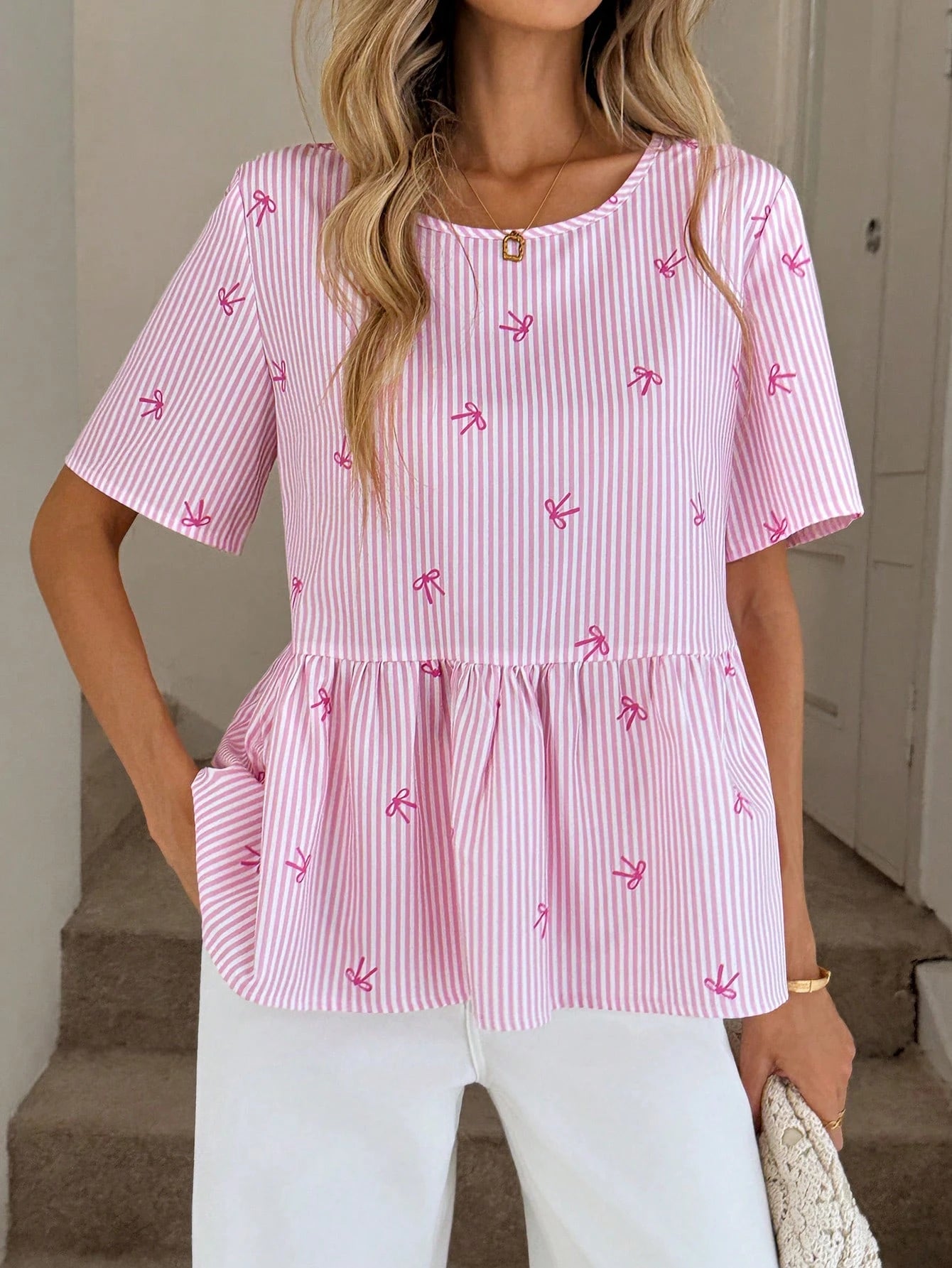 Easowa Regular Length Pink And White Striped Peplum Top With Ruffle Details And Round Neck For Summer Looks Women Cute Short Sleeve Tops Daily Wear Birthday