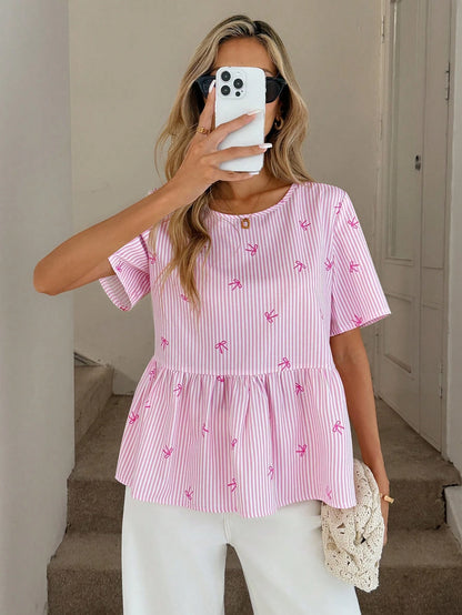 Easowa Regular Length Pink And White Striped Peplum Top With Ruffle Details And Round Neck For Summer Looks Women Cute Short Sleeve Tops Daily Wear Birthday