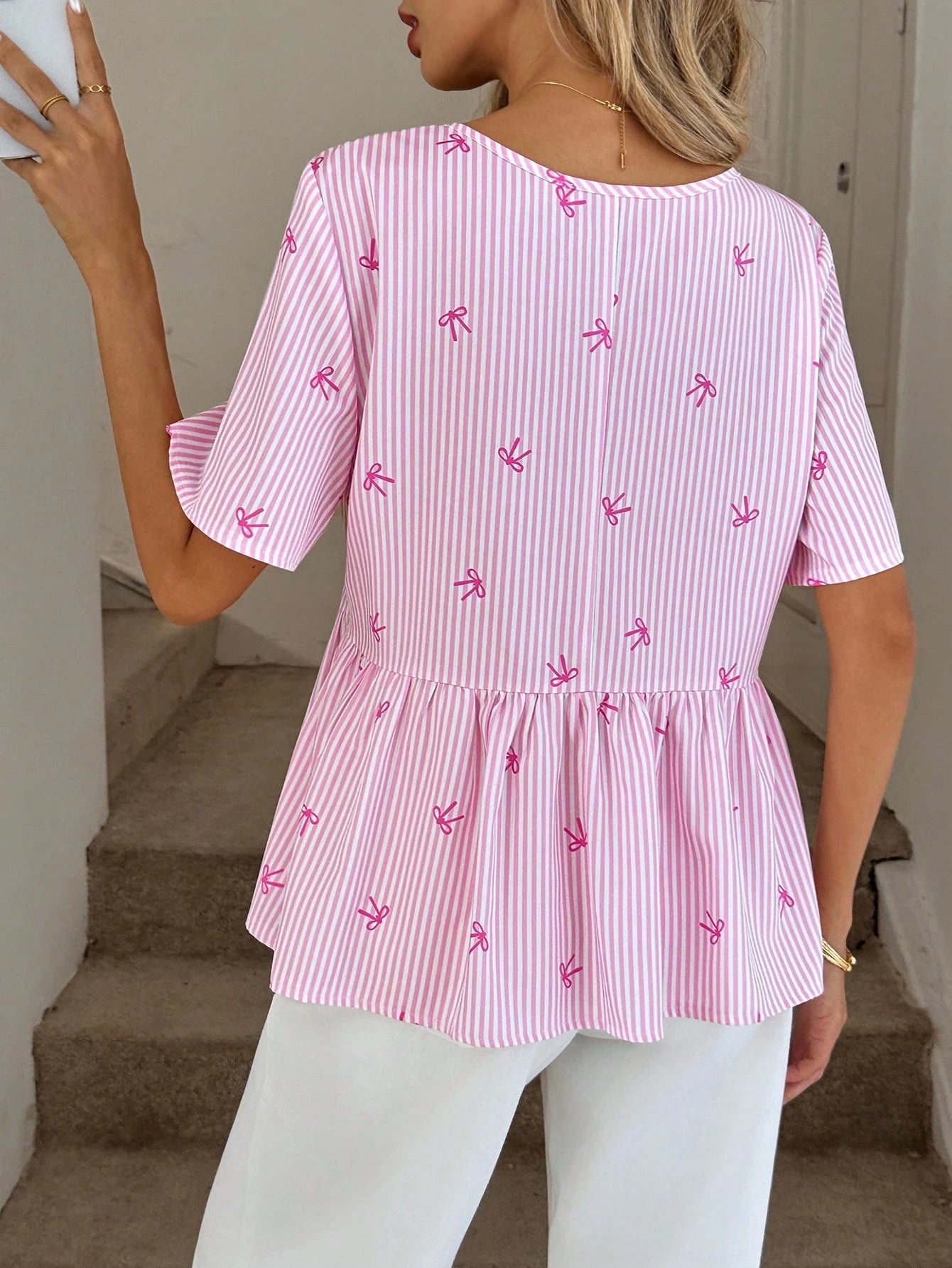 Easowa Regular Length Pink And White Striped Peplum Top With Ruffle Details And Round Neck For Summer Looks Women Cute Short Sleeve Tops Daily Wear Birthday