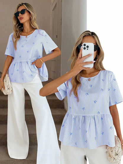 Easowa Regular Length Pink And White Striped Peplum Top With Ruffle Details And Round Neck For Summer Looks Women Cute Short Sleeve Tops Daily Wear Birthday