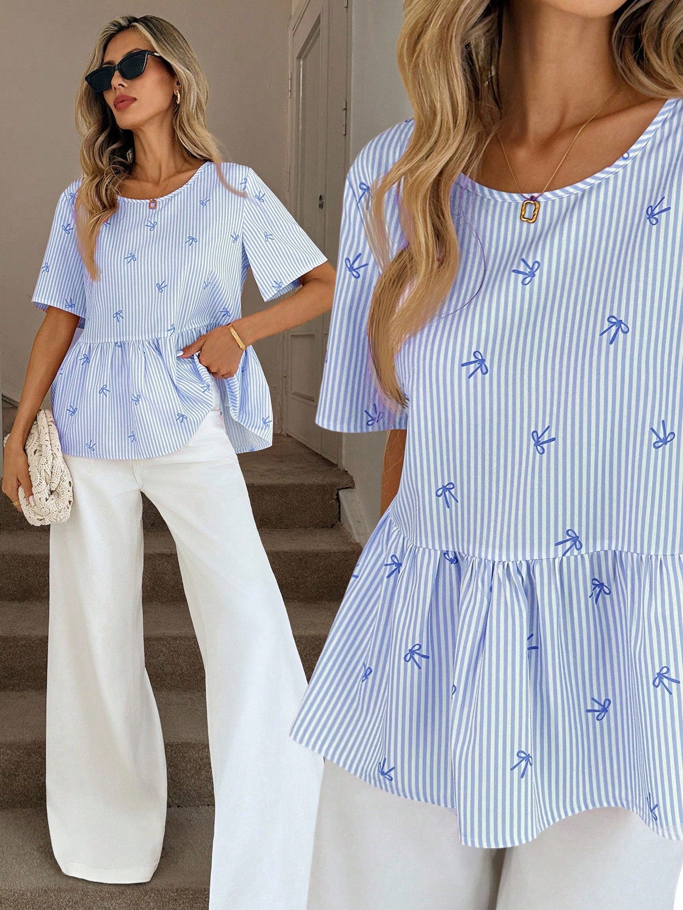 Easowa Regular Length Pink And White Striped Peplum Top With Ruffle Details And Round Neck For Summer Looks Women Cute Short Sleeve Tops Daily Wear Birthday