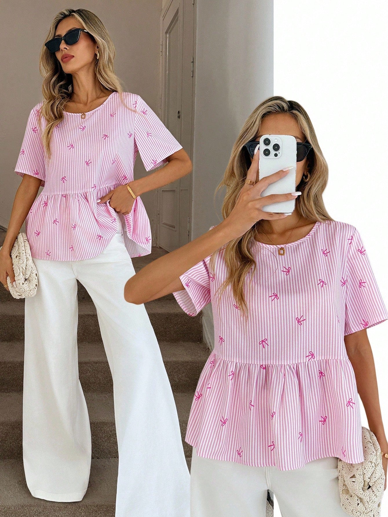 Easowa Regular Length Pink And White Striped Peplum Top With Ruffle Details And Round Neck For Summer Looks Women Cute Short Sleeve Tops Daily Wear Birthday