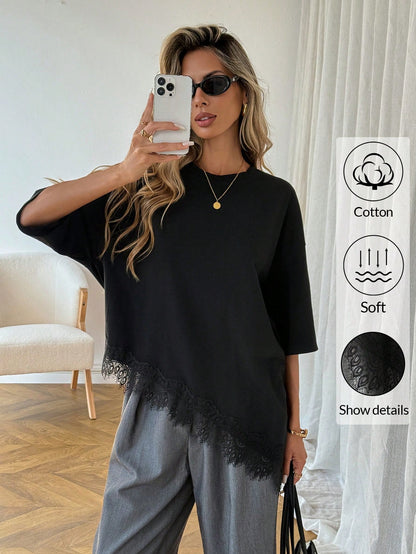 Easowa Women's Elegant Black Summer Casual Solid Asymmetrical Hem Lace Patchwork T-Shirt,Soft Basic Everyday Top For Brunch,Vacation Spring Breaks Going Out