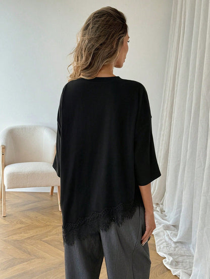 Easowa Women's Elegant Black Summer Casual Solid Asymmetrical Hem Lace Patchwork T-Shirt,Soft Basic Everyday Top For Brunch,Vacation Spring Breaks Going Out