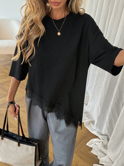 Easowa Women's Elegant Black Summer Casual Solid Asymmetrical Hem Lace Patchwork T-Shirt,Soft Basic Everyday Top For Brunch,Vacation Spring Breaks Going Out