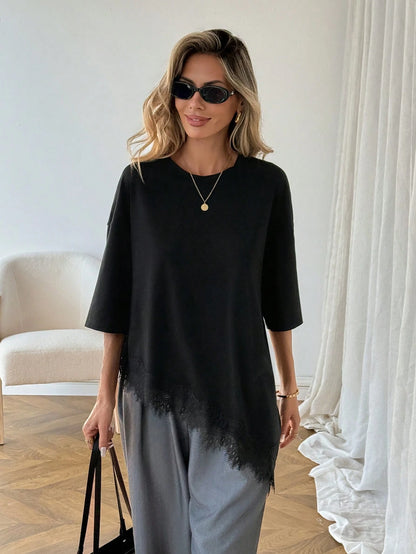 Easowa Women's Elegant Black Summer Casual Solid Asymmetrical Hem Lace Patchwork T-Shirt,Soft Basic Everyday Top For Brunch,Vacation Spring Breaks Going Out