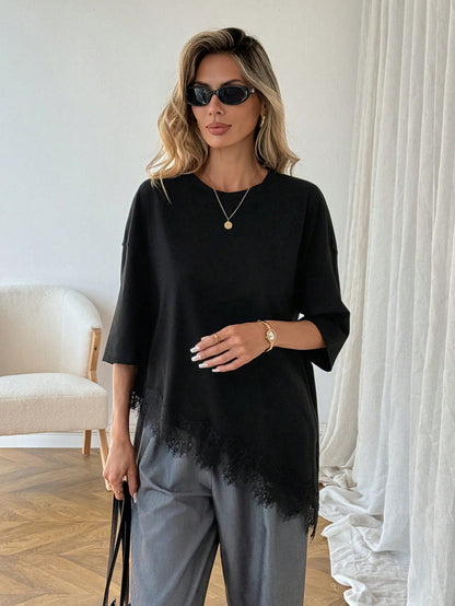 Easowa Women's Elegant Black Summer Casual Solid Asymmetrical Hem Lace Patchwork T-Shirt,Soft Basic Everyday Top For Brunch,Vacation Spring Breaks Going Out