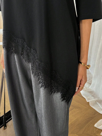Easowa Women's Elegant Black Summer Casual Solid Asymmetrical Hem Lace Patchwork T-Shirt,Soft Basic Everyday Top For Brunch,Vacation Spring Breaks Going Out