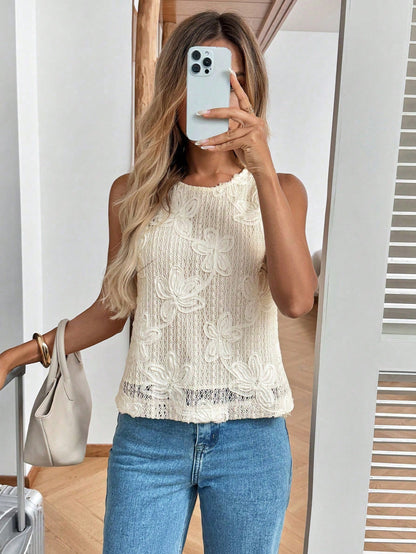 Easowa Women's Elegant Romantic Summer White Floral Sleeveless Cropped Top,Back Slit Button Up Shirt Tea Party Brunch Boho Style Tops For Vacations,Business