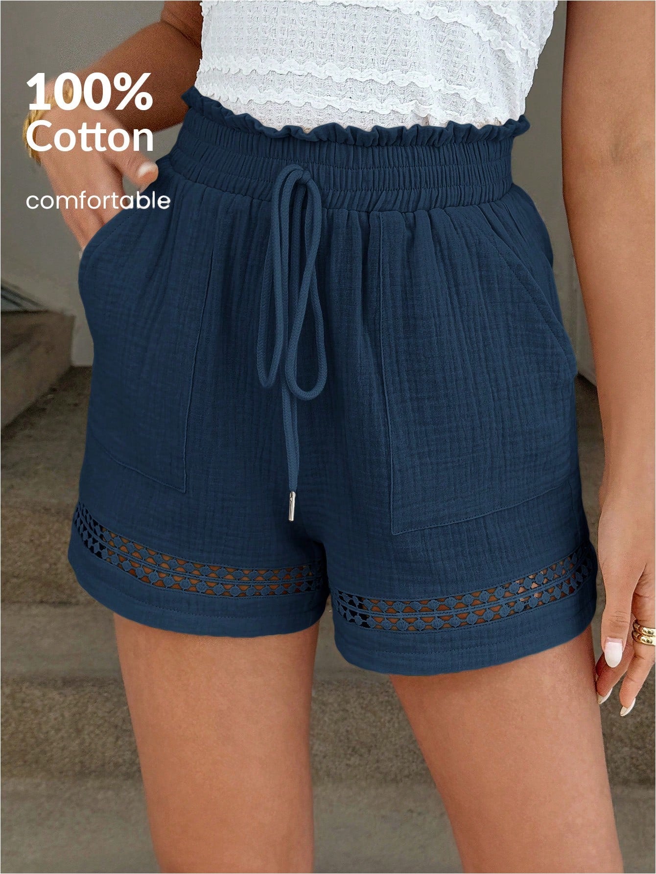 Easowa Women's Khaki Shorts, Cotton Patchwork Elastic Waist, Spring/Summer,High Waisted Shorts