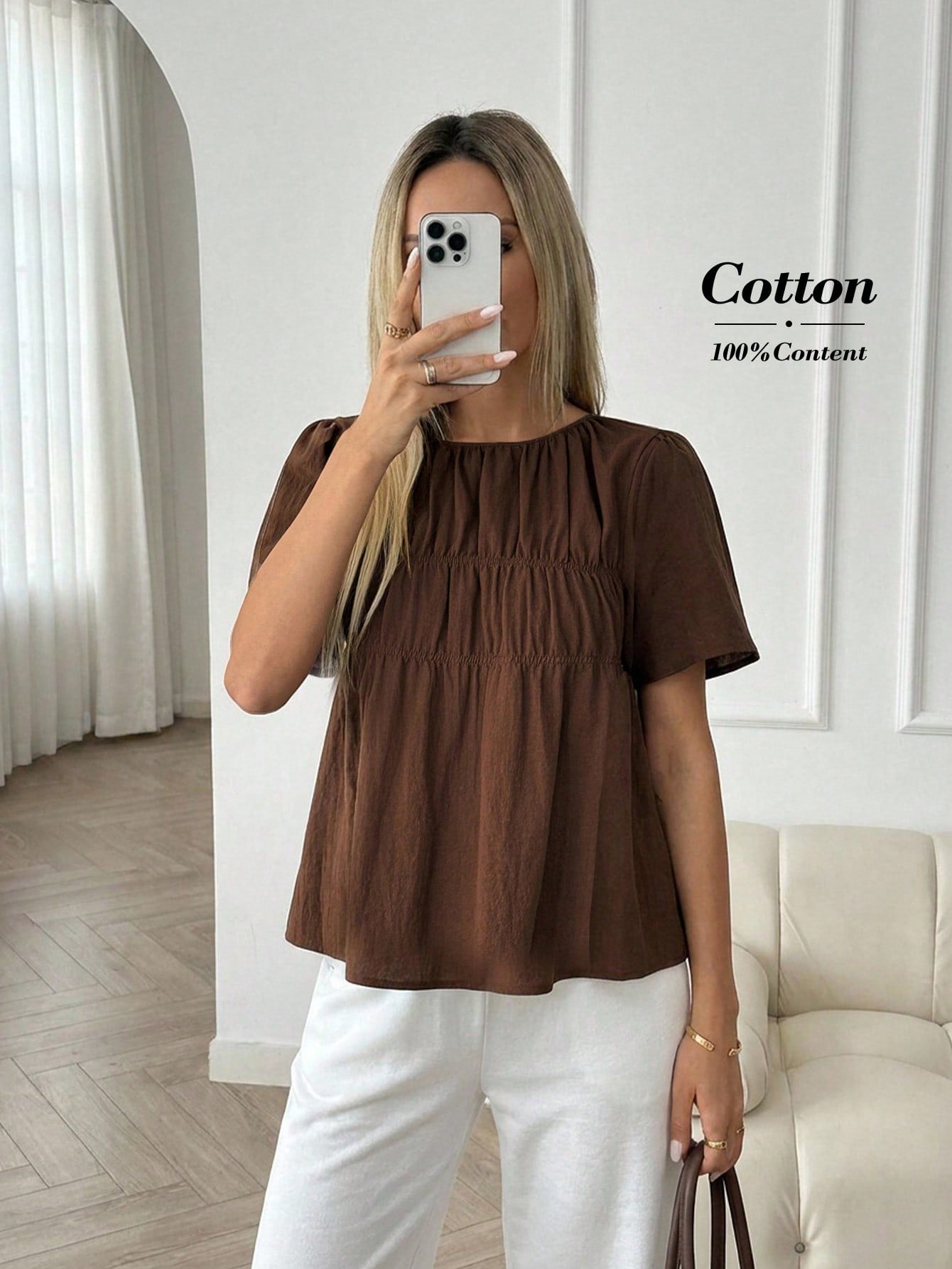 Easowa Women's Solid Color Pleated Round Neck Short Sleeve Casual Elegant Shirt Work Brown Summer