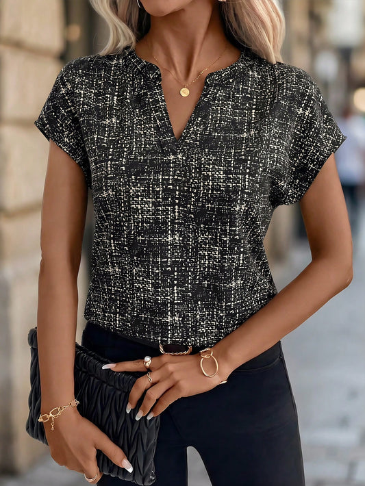 Editum Women's Elegant Fashion Printed V-Neck Blouse,Summer Top