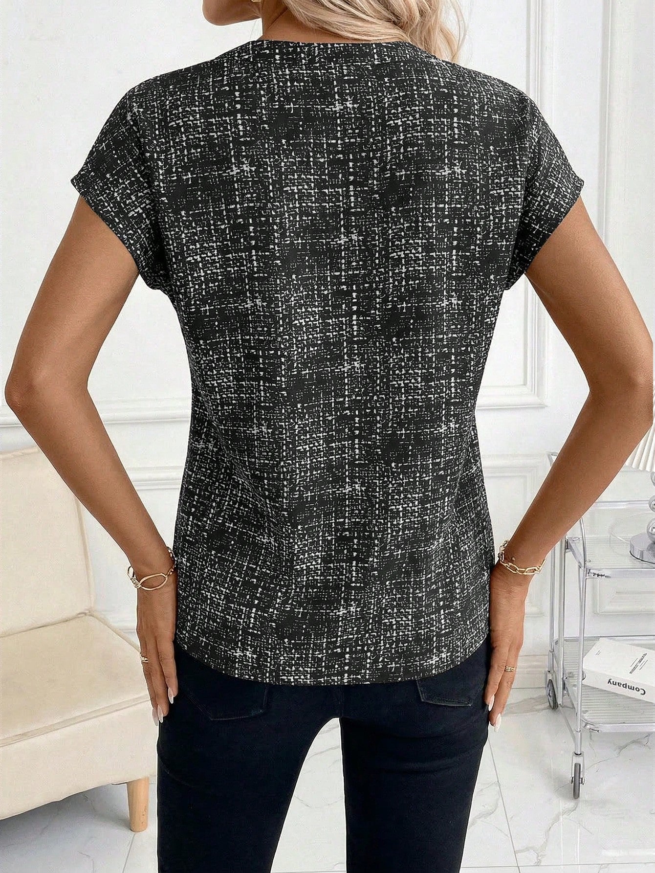 Editum Women's Elegant Fashion Printed V-Neck Blouse,Summer Top
