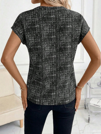Editum Women's Elegant Fashion Printed V-Neck Blouse,Summer Top
