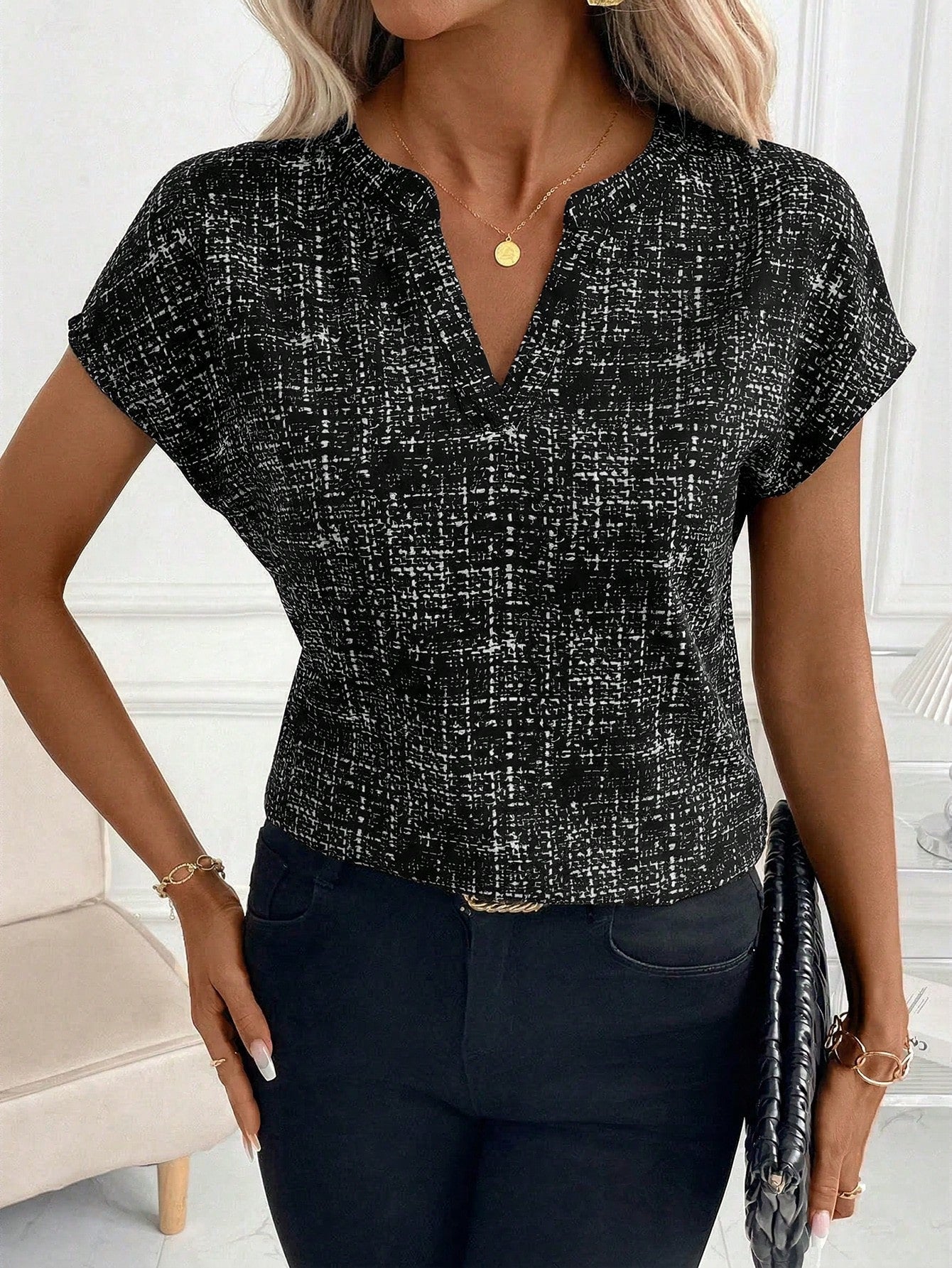 Editum Women's Elegant Fashion Printed V-Neck Blouse,Summer Top