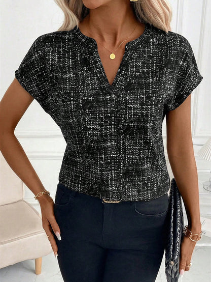 Editum Women's Elegant Fashion Printed V-Neck Blouse,Summer Top