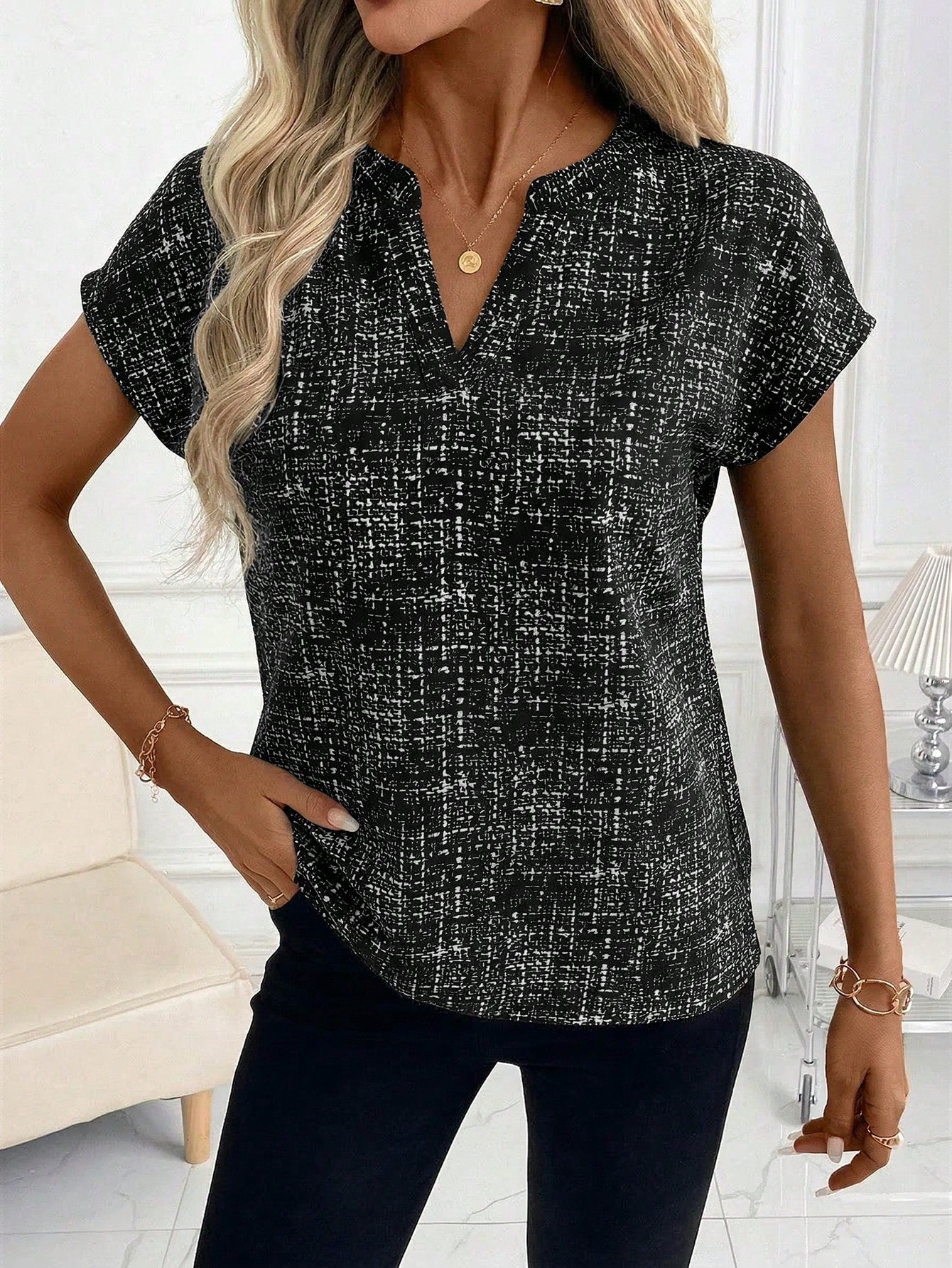 Editum Women's Elegant Fashion Printed V-Neck Blouse,Summer Top