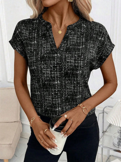 Editum Women's Elegant Fashion Printed V-Neck Blouse,Summer Top
