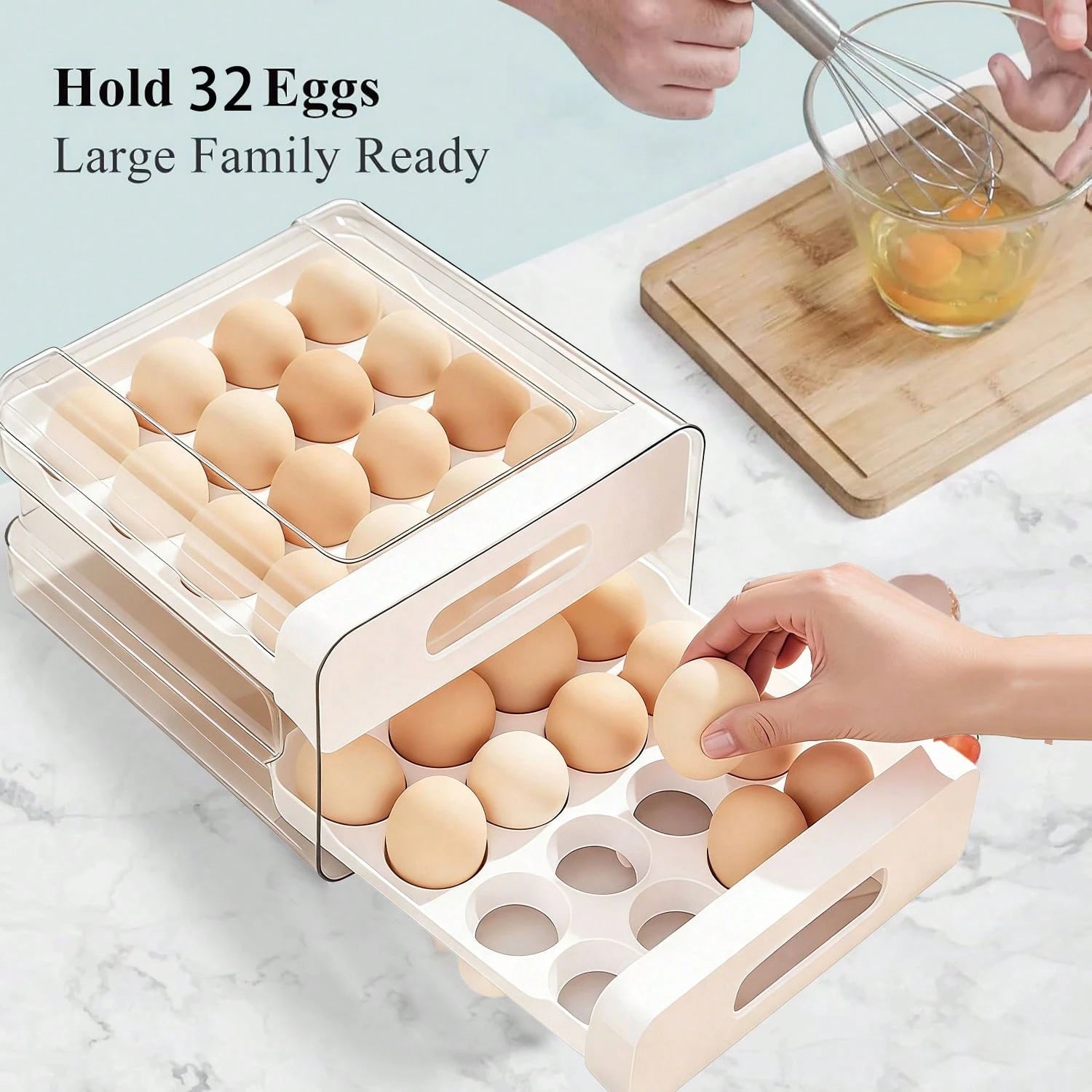 Egg Storage For Refrigerator, Egg Holder For Kitchen Countertop, PET & PP Egg Container For Fridge, Egg Dispenser For 32 Eggs, Double Layer, 16 Eggs Per Layer (White)